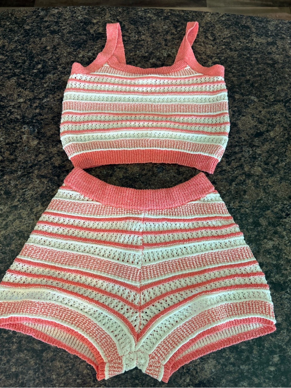 Girls Coral & Cream Knit Shorts Set - Brand Unspecified